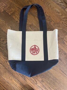 Trader Joe's Canvas Tote Bag in Cream and Navy with Red Logo large